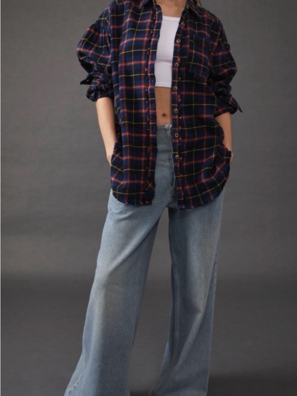 Navy Plaid Button-Up Shirt with Red & Cream Stripes